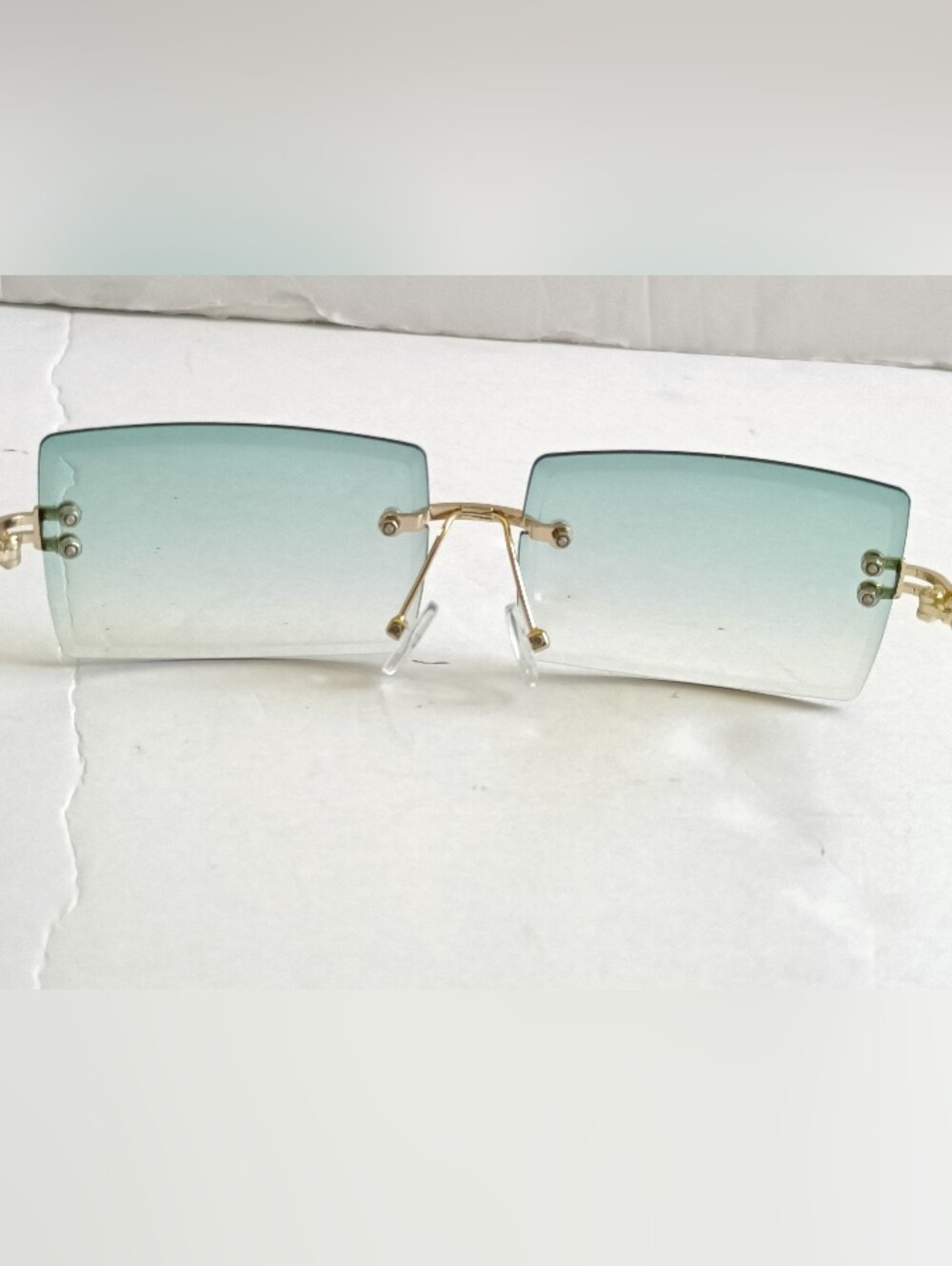 Rimless Gradient Square Sunglasses Gold Frame Green and Purple Lenses - Picture 5 of 9